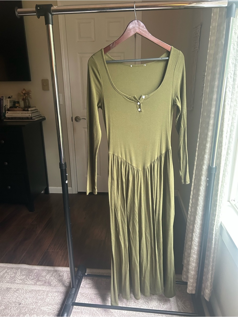Olive Green Basque Waistee Long Sleeve Scoop Neck Jersey Maxi Dress